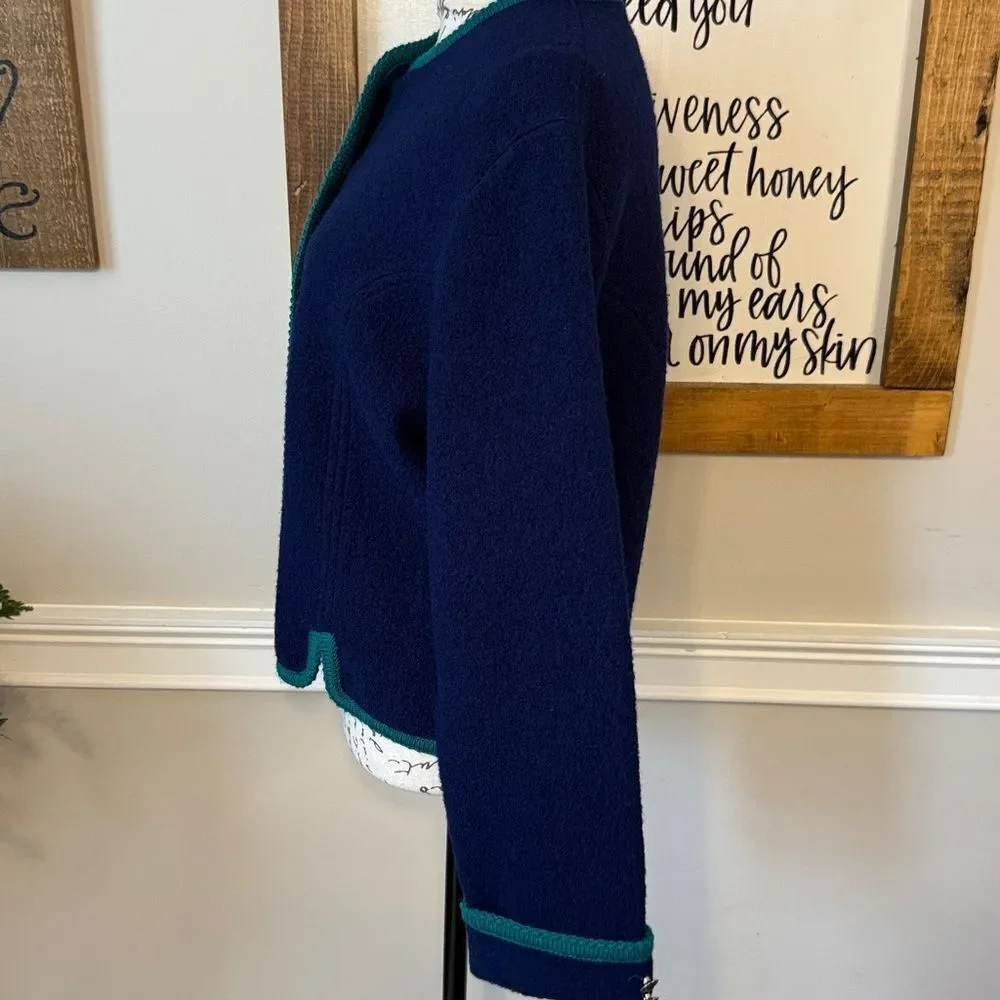Vintage Tally-Ho 100% Wool Cardigan Sweater in navy blue with green trim
